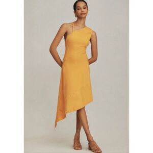 Anthropologie Size 12 Asymmetrical Open-Back Linen Midi Dress Mustard Orange